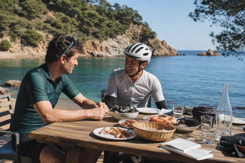 Seafood lunch table outdoors beside a small Costa Brava cove after a long morning ride